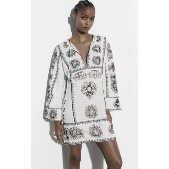 ZARA COTTON SHORT EMBROIDERED TUNIC KAFTAN DRESS Sizes Medium - Picture 4 of 16
